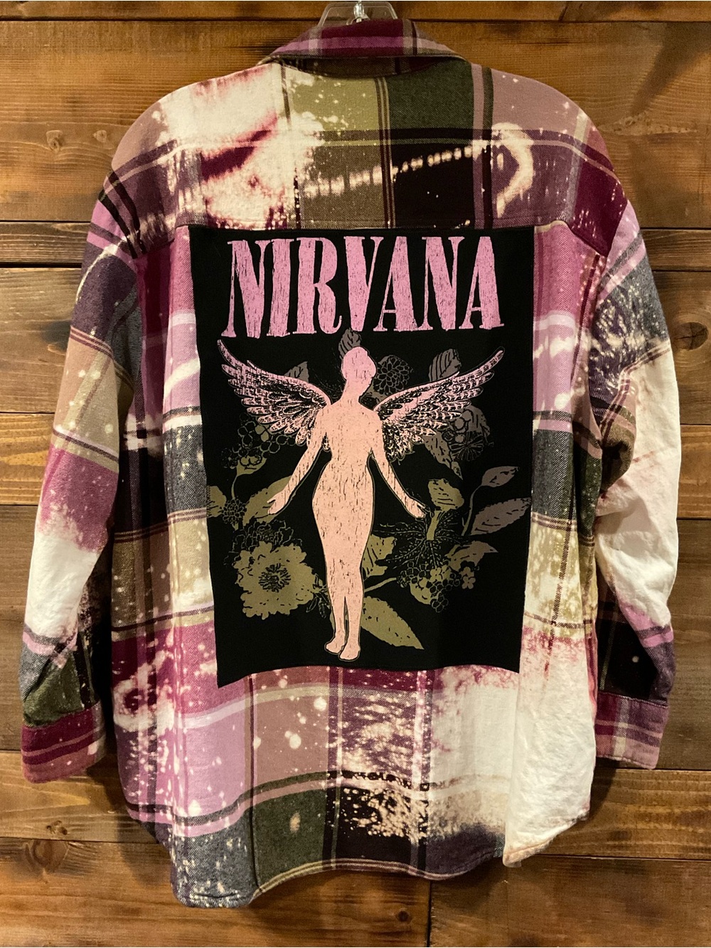 Custom NIRVANA Distressed Grunge Plaid Flannel Shirt pink/purple women's XLarge